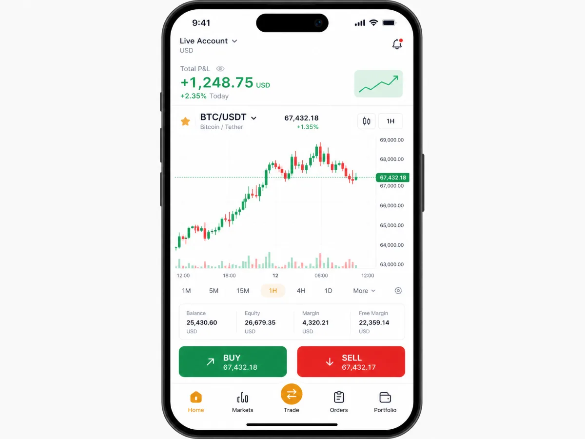 Etincelle Bitvix — écrans de l'application de trading mobile